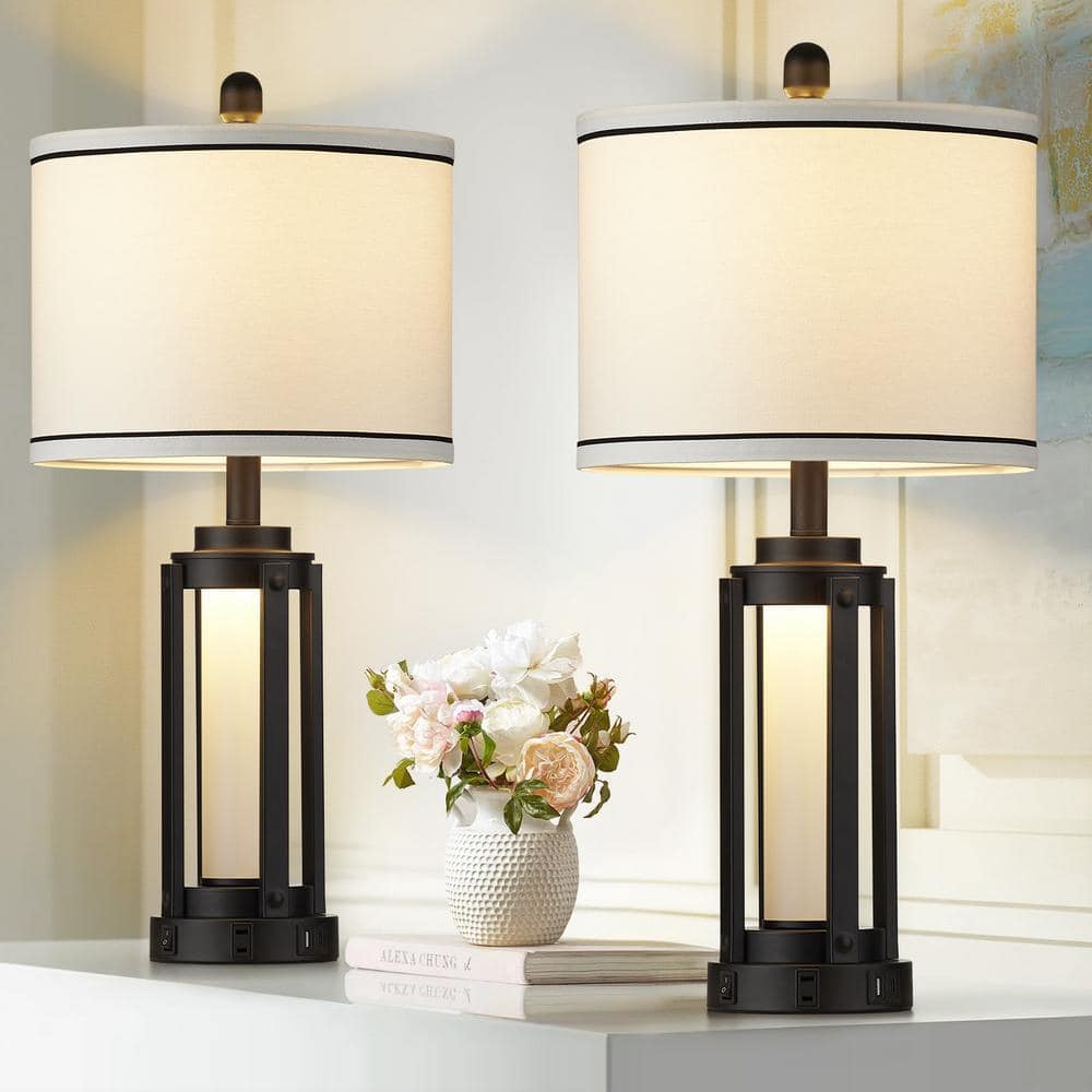 Cinkeda Tatyanna 26 in. Black Metal Table Lamp Set with USB and