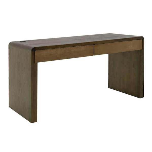 Benjara Esis 23.25 in. Rectangular Dark Brown Wood 2-Drawer Writing Desk with USB Ports