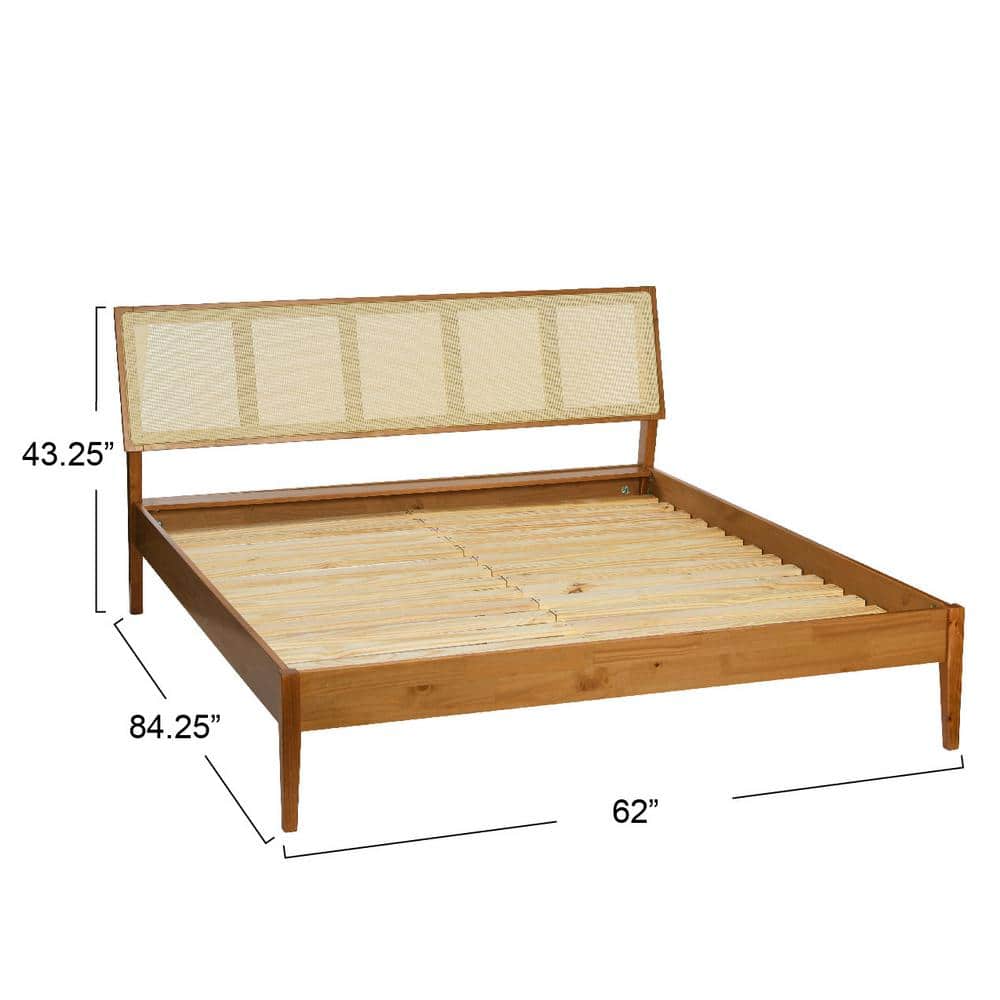 Crawford Queen Bed with Light Brown Pine Frame and Cane Headboard