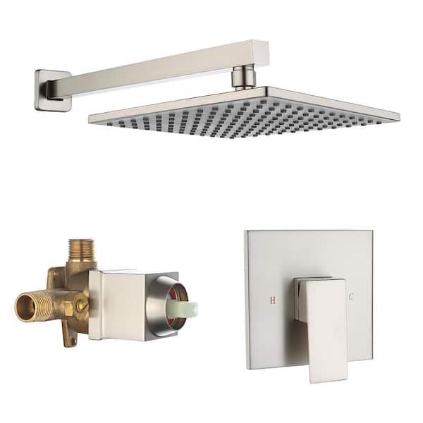 Single Handle 1-Spray 10 in. Wall Mount Square Shower Faucet 1.8 GPM with Valve in Brushed Nickel