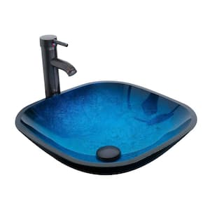 Cameo Tempered Glass Square Vessel Sink in Ocean Blue with Faucet Pop Up Drain Set
