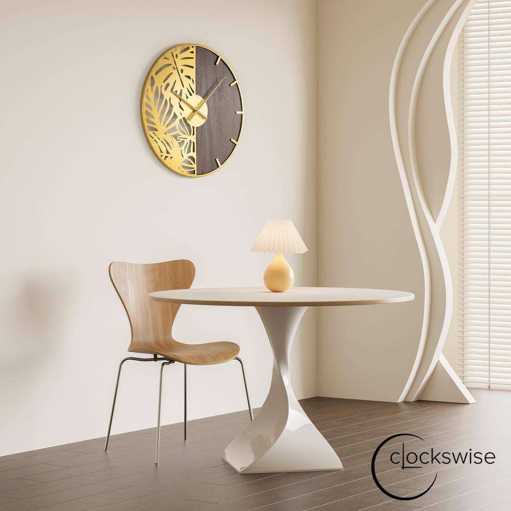 24" Brown Wood and Gold Metal Leaf Cutout Oversized Wall Clock