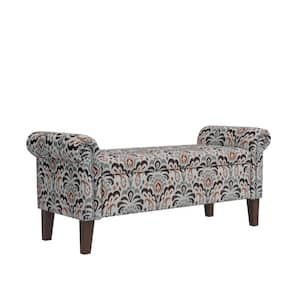 Amber and Gray Damask Fabric Traditional Rolled Arm Rectangular Storage Bench 56.5 in. Ottoman with Nailheads