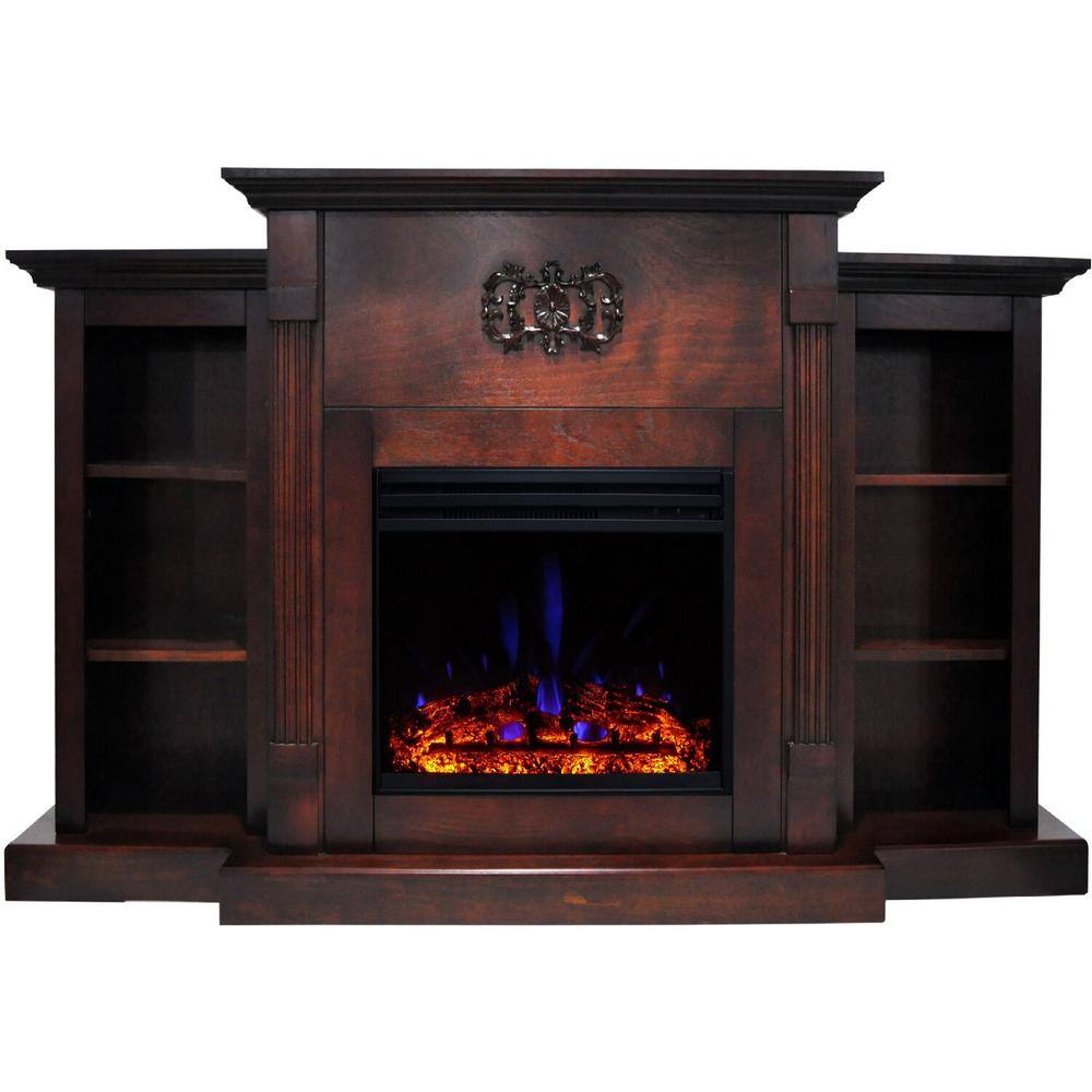 Classic Mahogany Freestanding Electric Fireplace with Bookshelves and Mantel