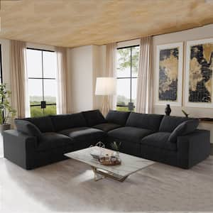 120.45 in. 5-Piece Square Arm 30% Linen Down Filled Rectangle Seperable L-Shape Corner Sectional Sofa Couch in Black