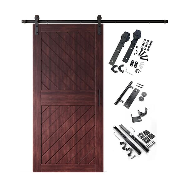 HOMACER XT4 36 in. x 84 in. C-Panel Red Mahogany Slanted Stripe Design Solid Pine Wood Sliding Barn Door with Hardware Kit