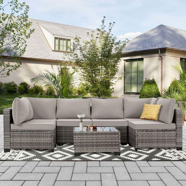 Grey 7-Piece Wicker Outdoor Dining Set With Grey Cushions and 1-Table