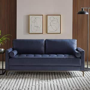 Goodwin 75.4 in. Square Arm Faux Leather Rectangle Sofa in. Navy Blue