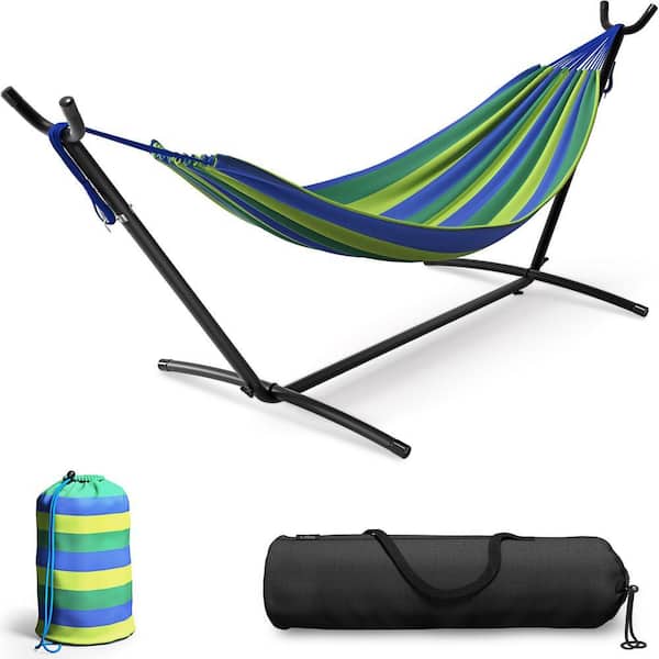 7 ft. Free Standing Adjustable Double Hammock Bed with Stand in Blue and Green