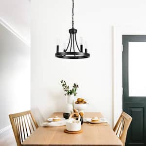 4-Light 12.99 in. Rustic Black Wagon Wheel Chandelier for Living Room Kitchen Bedroom Study