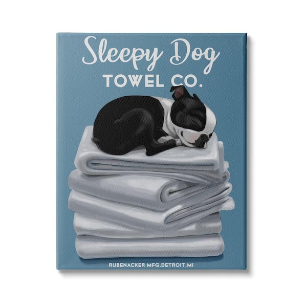 Stupell Industries Sleep Dog Towel Co. Boston Terrier Bathroom by Brian Rubenacker Unframed Print Abstract Wall Art 16 in. x 20 in.