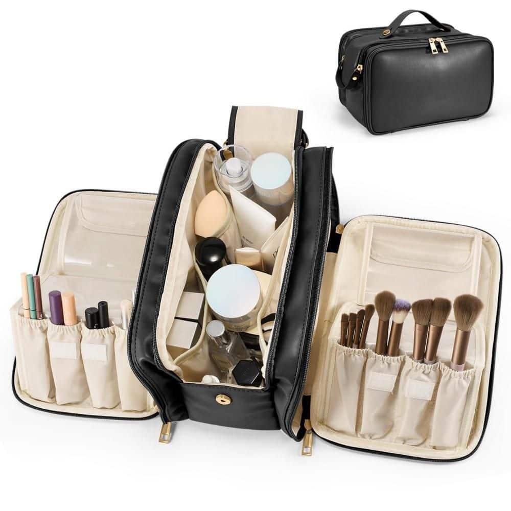 Large Capacity Travel Garment Bag in Black, PU Leather, 3 Compartments, Waterproof Makeup Organizer with Brush Holder price history on PriceWatchPro