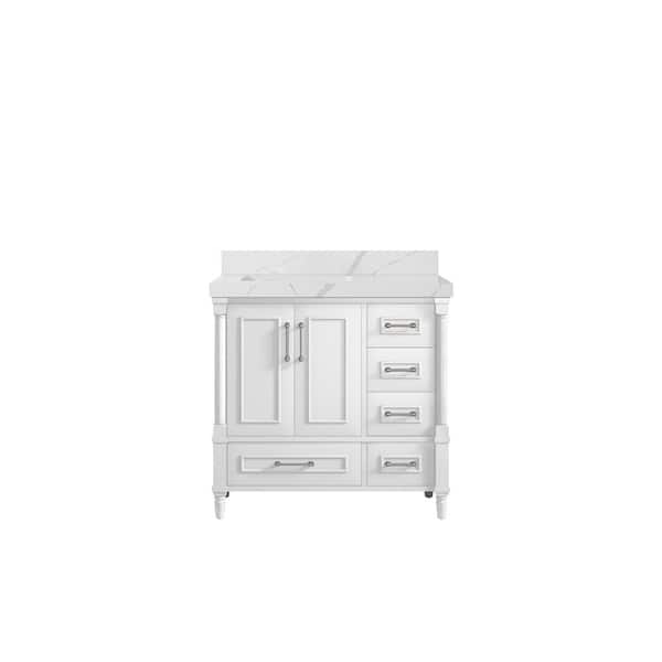 Willow Collections Hudson 36 in. W x 22 in. D x 36 in. H Left Offset Sink Bath Vanity in White with 2 in Calacatta Quartz Top