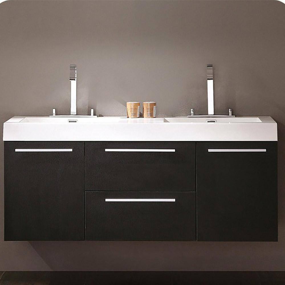 Black Engineered Wood Wall-Mount Double Vanity Base, 54-inch