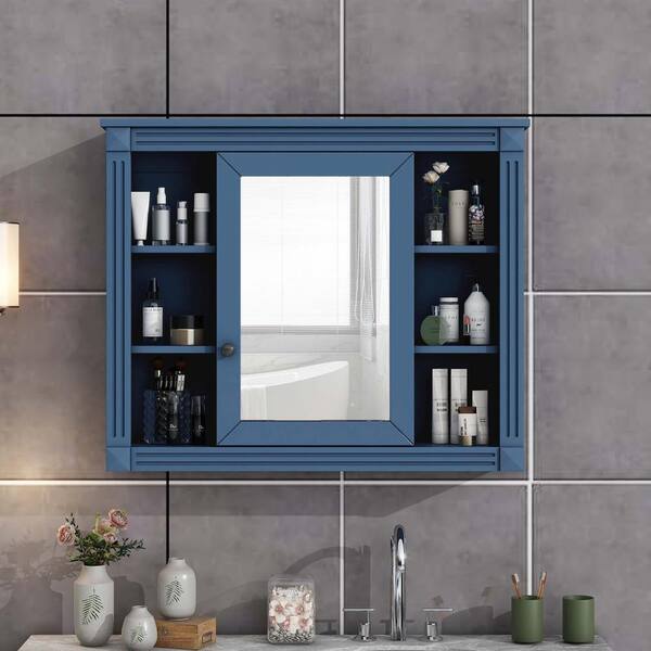 WELLFOR 35-in x 28.7-in Surface Mount Blue Mirrored Soft Close Medicine Cabinet