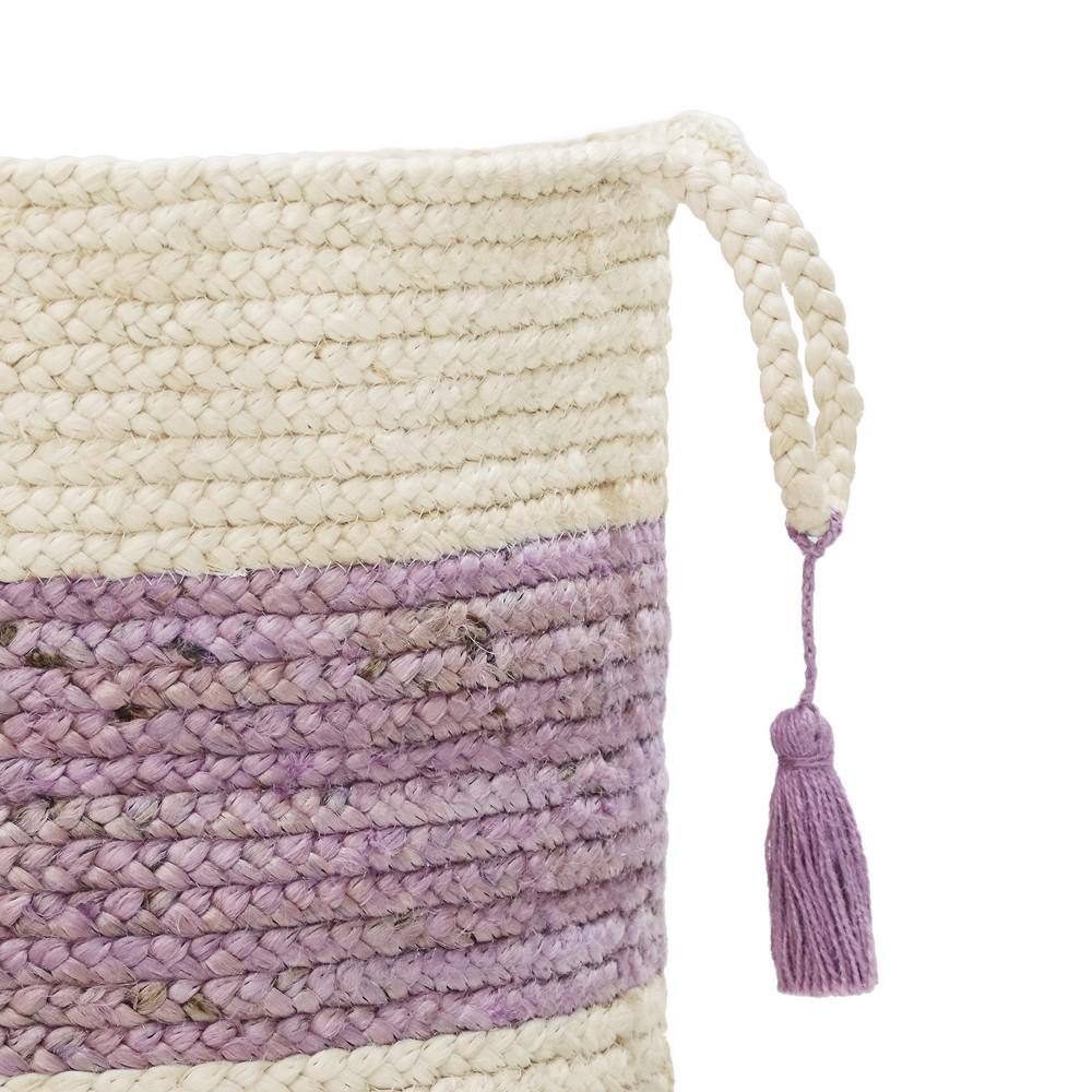 Off-White and Lilac Bold Striped 17" Jute Storage Basket