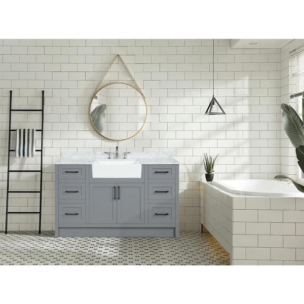 EQLOO 60 Grey Square Double Sink Bathroom Vanity Compact Set 4  Large Folding Doors 5 Drawers Carrara White Marble Stone Top backsplash  Bathroom Cabinet No Mirror (60 inch, Grey