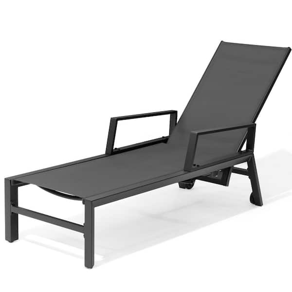 Pellebant 1-Piece Metal Aluminum Outdoor Chaise Lounge Chair in Black with Adjustable Backrest, Arms and Wheels
