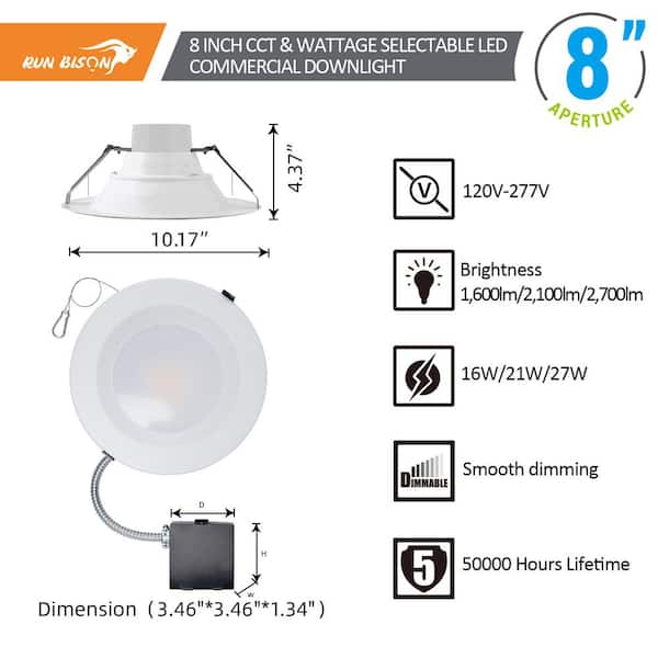 RUN BISON 8 in. CCT and Wattage Selectable New Construction or Remodel IC Rated Integrated LED Commercial Downlight - The Depot