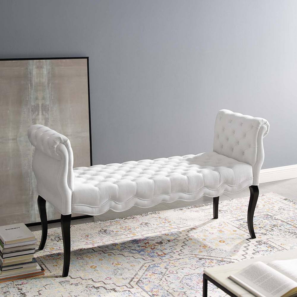 Elegant Adelia Performance Velvet Tufted Bench with Wenge Wood Legs - White
