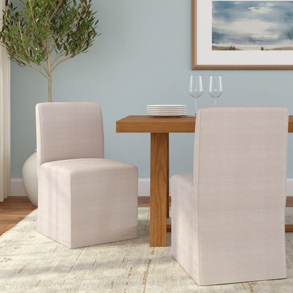 Chesnee Sand/Pecan Wood Upholstered Long Slipcover Dining Chair (Set of 2)