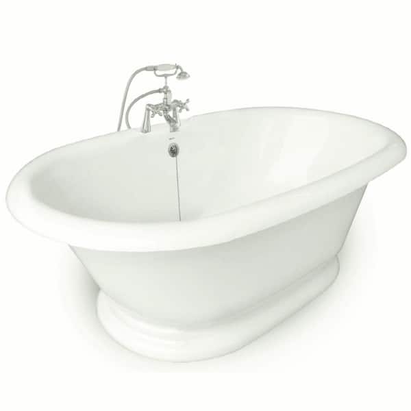 American Bath Factory 72 in. AcraStone Acrylic Double Pedestal Flatbottom Non-Whirlpool Bathtub and Faucet in Satin Nickel
