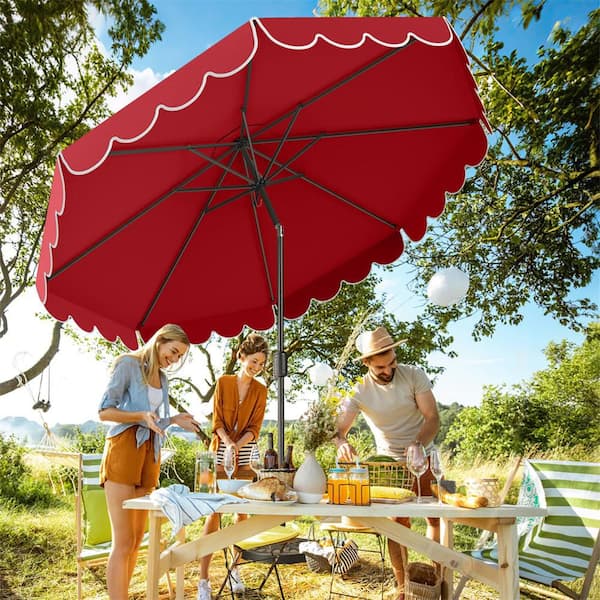 10 ft. Market Tilt Patio Umbrella with Crank Adjustment Ruffles Vented Top 8 Ribs in Red