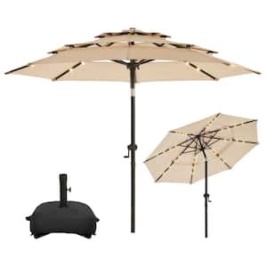 9 ft. 3 Tiers Aluminum Solar Led Market Umbrella Outdoor Patio Umbrella with Base and 32 LED Lights in Beige