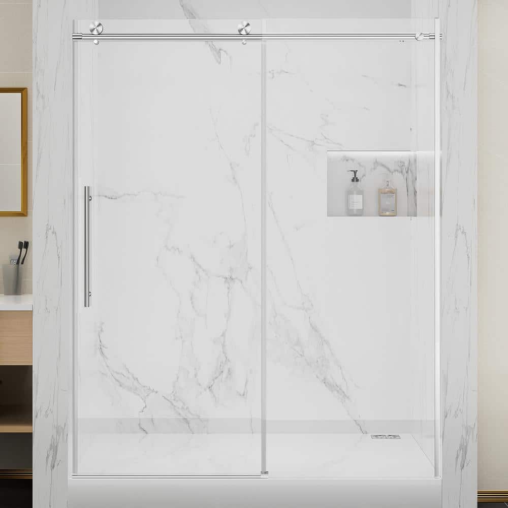 56 in. to 60 in. x 75 in. Semi-Frameless Sliding Shower Door in Brushed Nic