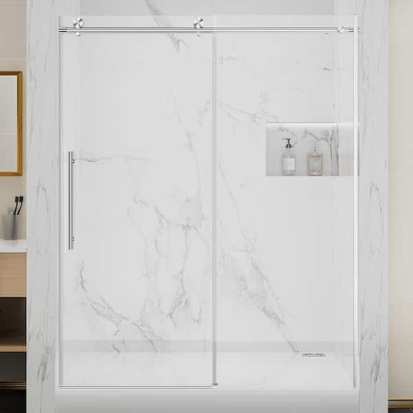 Simple Project 56 in. to 60 in. x 75 in. Semi-Frameless Sliding Shower Door in Brushed Nickel with Clear Glass