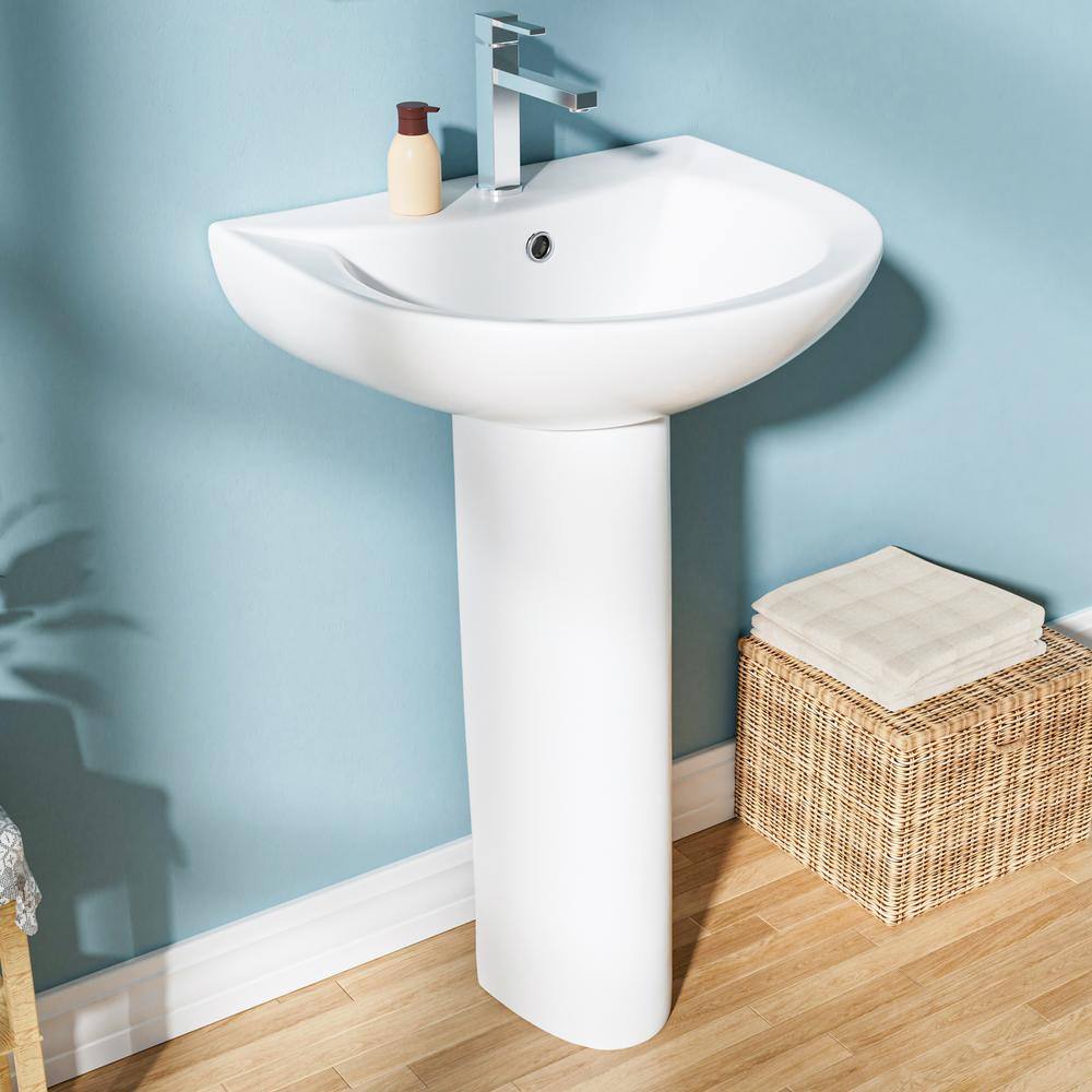 White Ceramic Gloss Pedestal Bathroom Sink with Overflow Drain