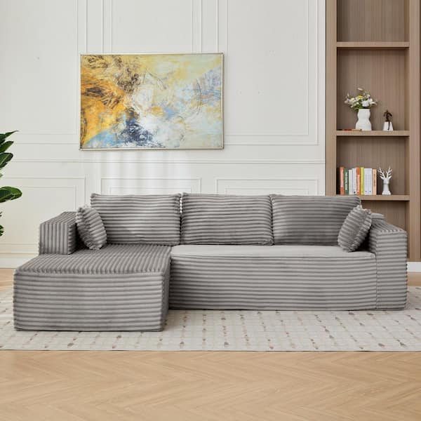 110 in. 2-Piece Corduroy Boneless L-Shaped Sectional Sofa in. Grey, Compression Sectional Couch, No Assembly Required