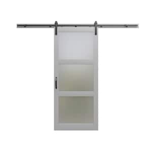 36 in. x 84 in. 3 Lite Frosted Glass White Finished Composite Sliding Barn Door with Hardware Kit