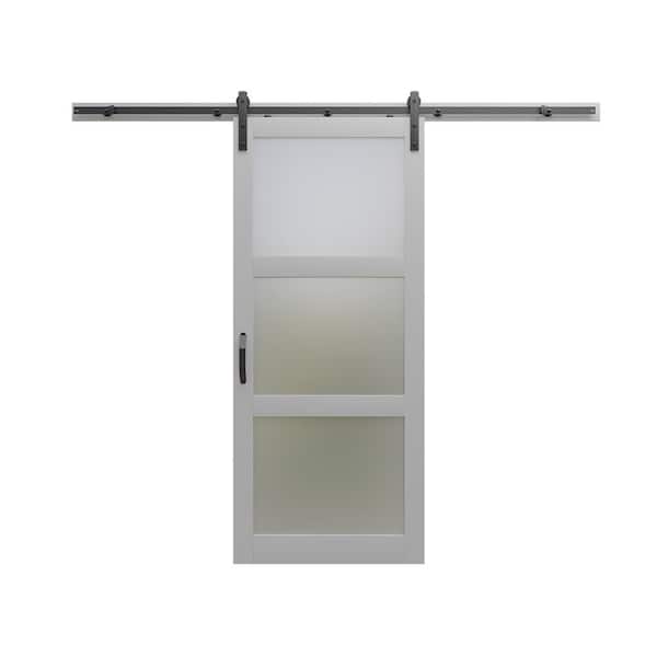 Masonite 36 in. x 84 in. 3 Lite Frosted Glass White Finished Composite Sliding Barn Door with Hardware Kit