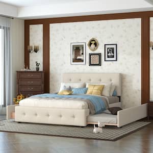 64 in. W Beige Queen Size Upholstered Platform Bed with 4 Drawers and a Twin XL Trundle, Wood Platform Bed Frame