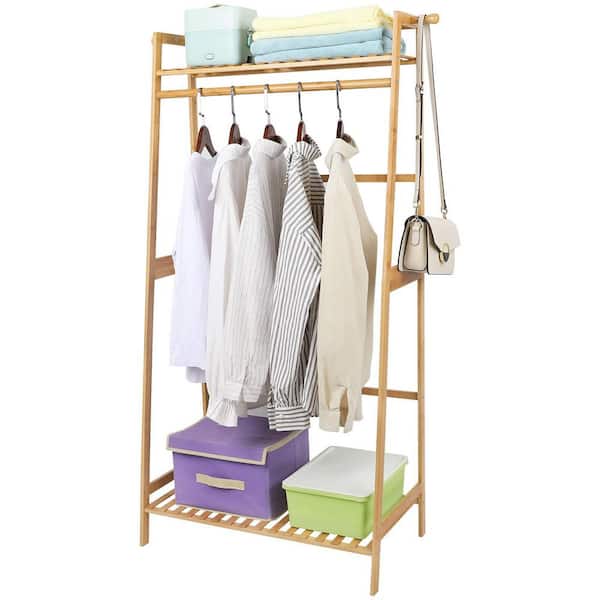 Portable Clothes Rack Coat Garment Stand Bamboo Rail Hanger Airer Closet -  Dark Wood - Furniture > Home Furniture