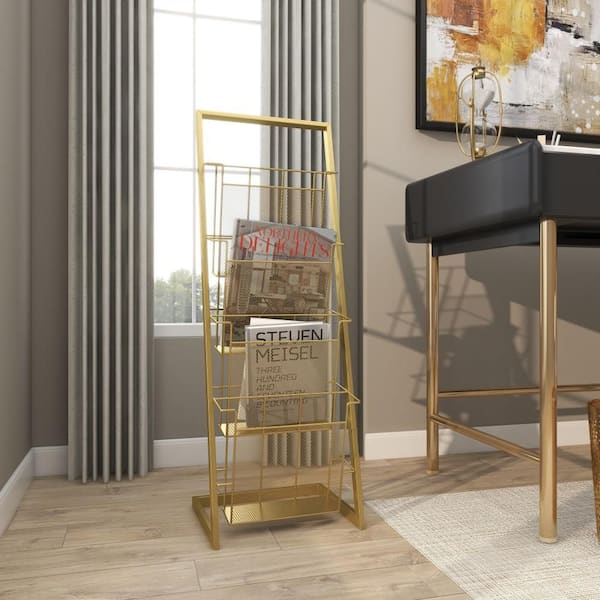 Litton Lane Gold Standing Magazine Holder with Tall Stand 86929