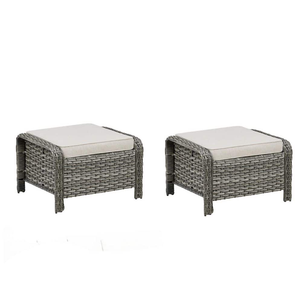 NestBarrel Light Gray Wicker Outdoor Ottoman with Beige Cushions and Edge Support Design (2-Pack)