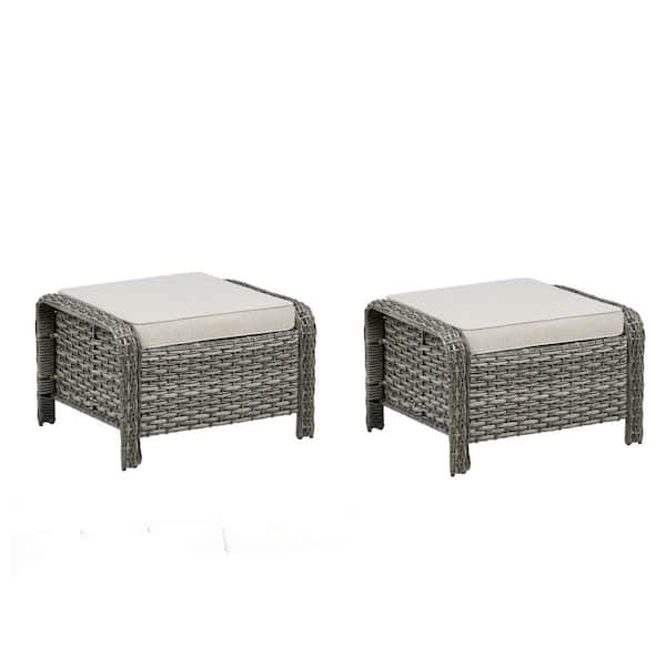 NestBarrel Light Gray Wicker Outdoor Ottoman with Beige Cushions and Edge Support Design (2-Pack)