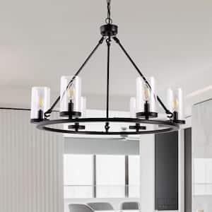 6-Light Matte Black Industrial Wagon Wheel Chandelier with Clear Glass Shades for Living Room