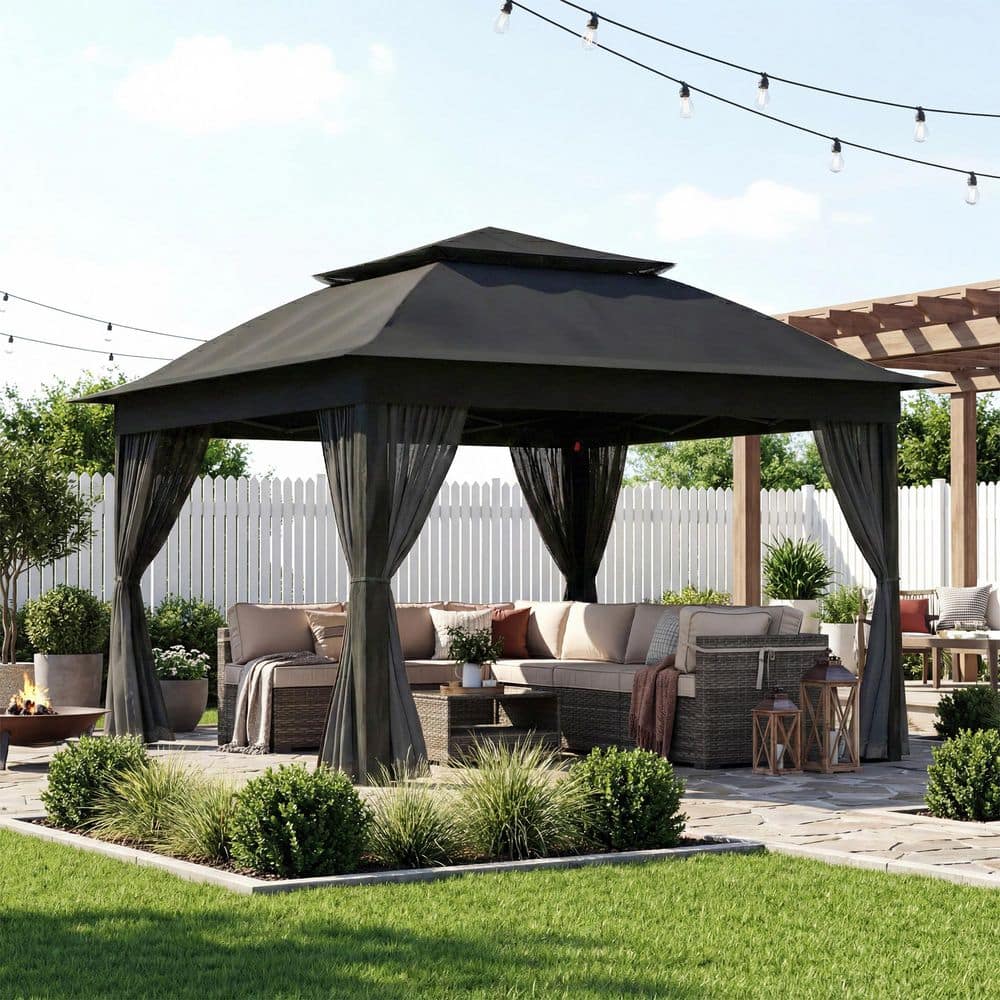 Gardenbee Black Steel Portable Pop-Up Gazebo with Mosquito Netting