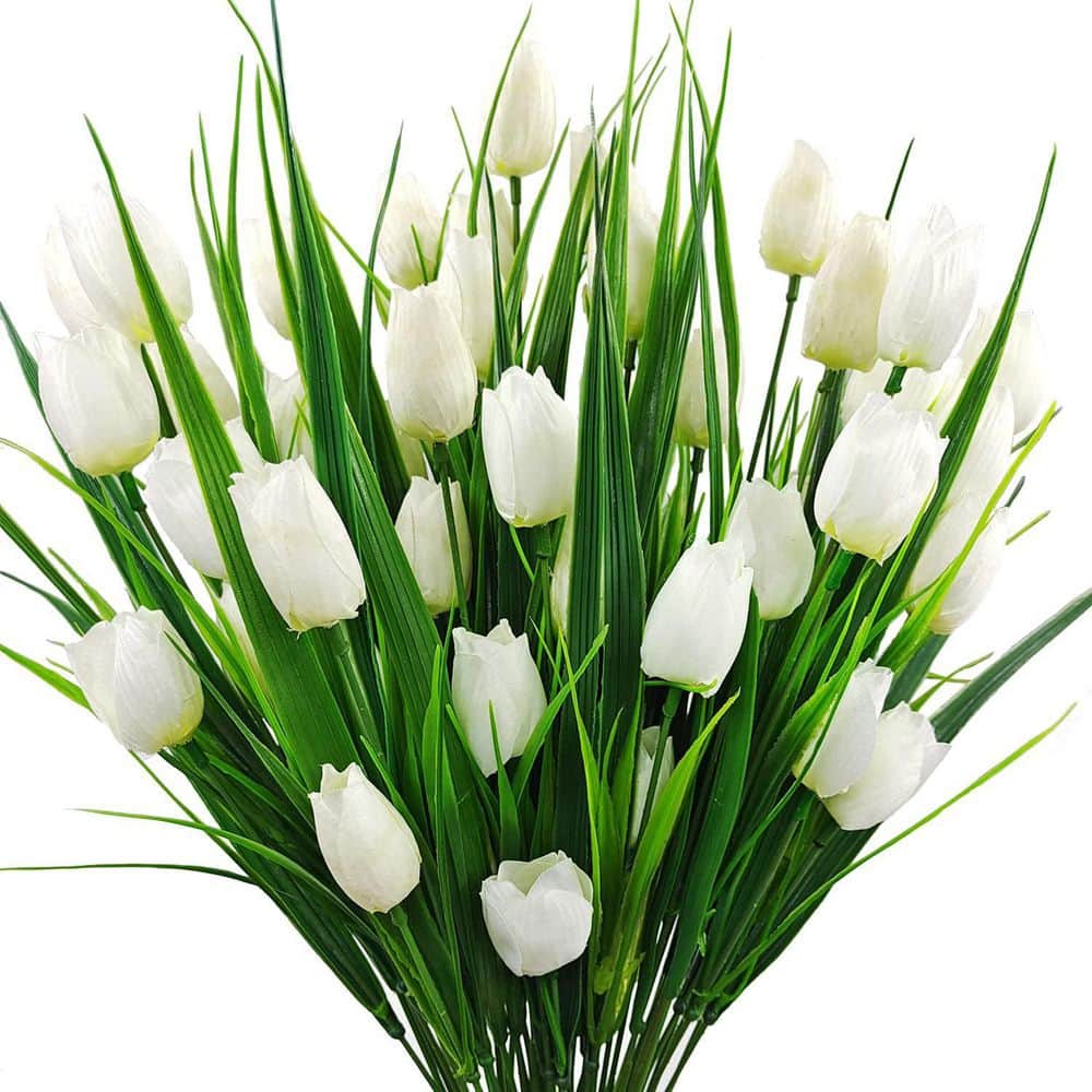 15.25 in. White Outdoor Artificial Tulip Flower UV Resistant 8 Bundles
