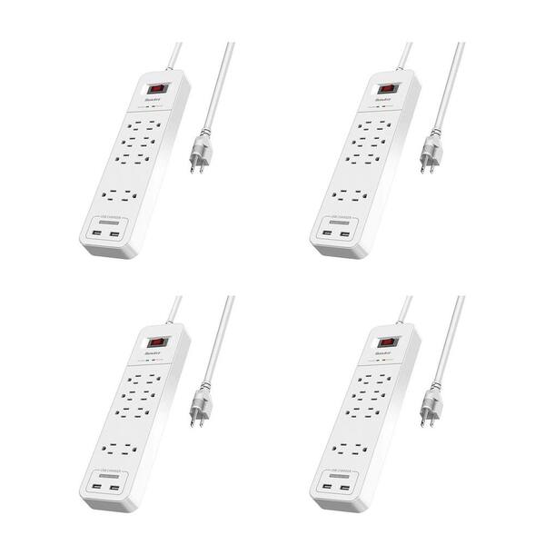 Huntkey Power Strip Surge Protector with Heavy-Duty Cord, 8-Sockets and 2 USB Ports in White (4-Pack)