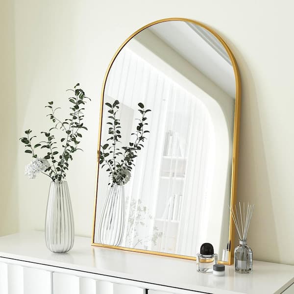 20 in. W x 30 in. H Arched Top Aluminium Framed Modern and Contemporary Wall Bathroom Vanity Mirror in Gold