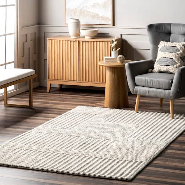 Dorene Contemporary High-Low Striped Wool Area Rug Ivory 2 ft. x 8 ft. Runner Rug