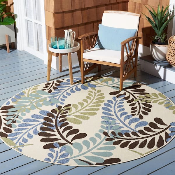 Veranda Cream/Aqua 7 ft. x 7 ft. Oversized Leaves Indoor/Outdoor Round Area Rug
