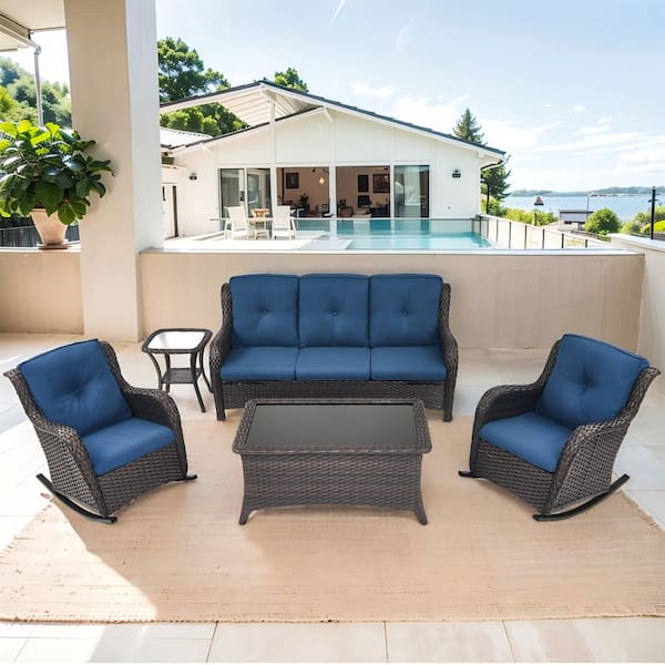 Gymojoy Carlos 5-Piece Brown Wicker Patio Conversation Set with Rocking Chairs, Blue Cushions and Side Table