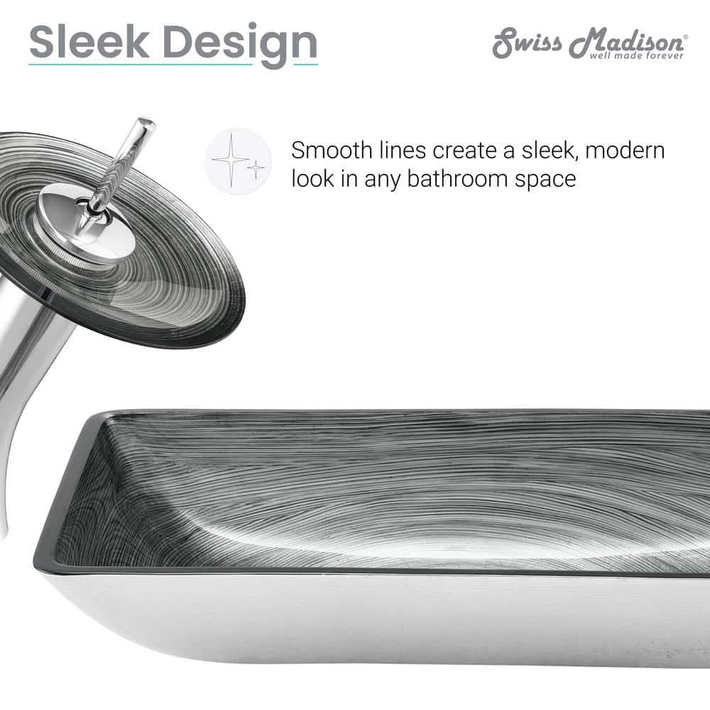 Smoky Gray Rectangular Glass Vessel Sink with Waterfall Faucet