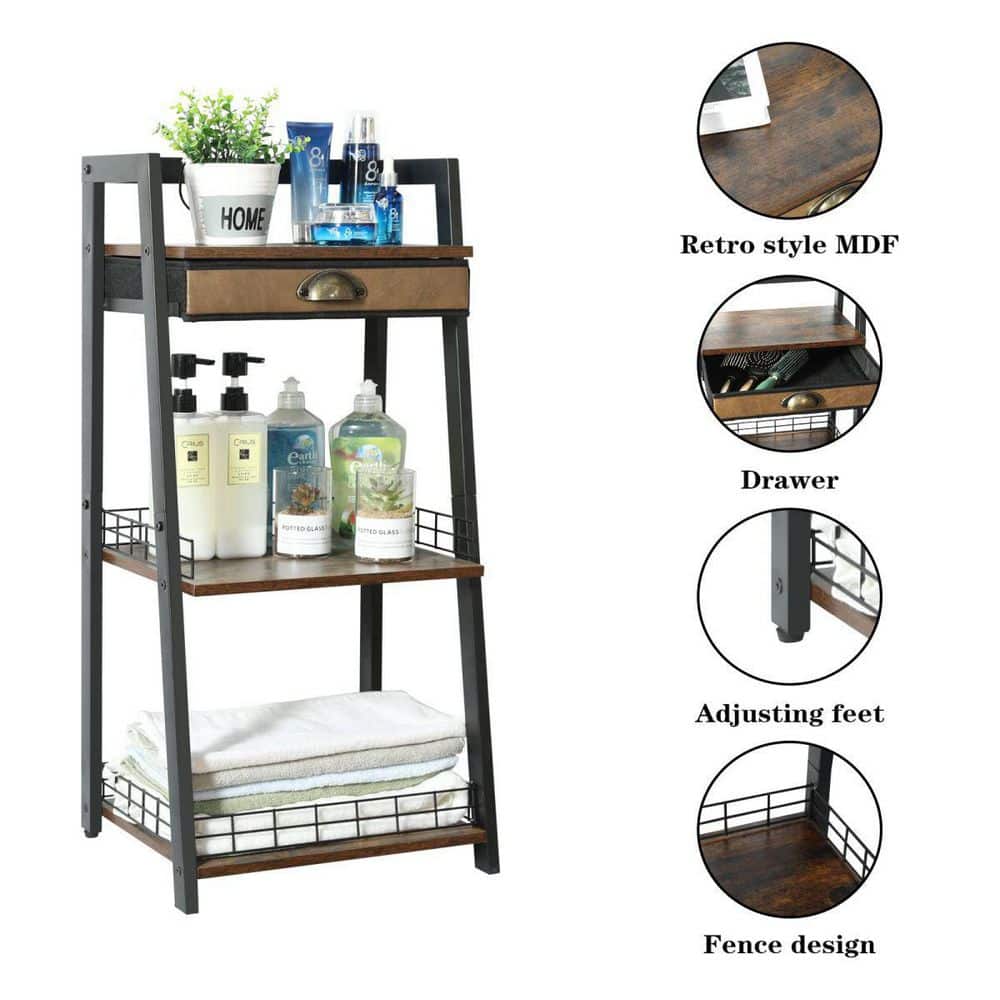Rustic Brown 3-Tier Freestanding Ladder Shelf with Drawer