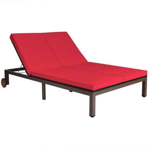 2-Person Adjustable Wicker Outdoor Chaise Lounge with Red Cushion and Wheels